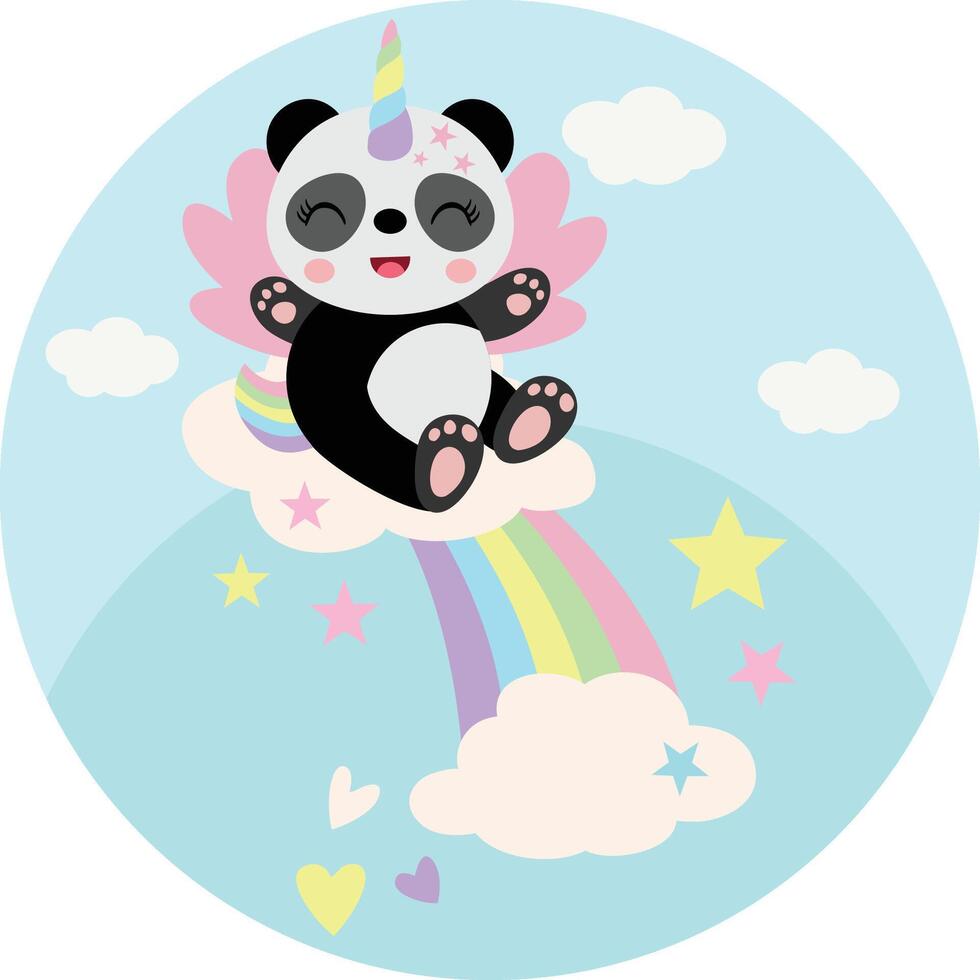 Round illustration with unicorn panda on rainbow with clouds vector