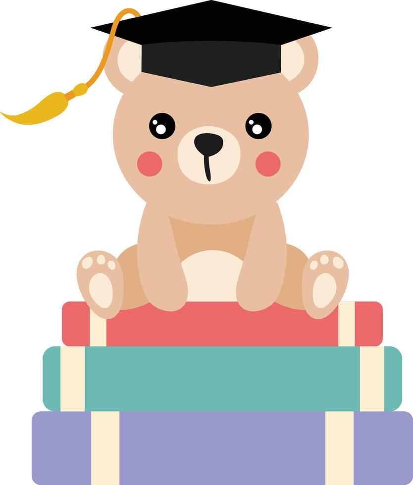 linda osito de peluche oso con graduación gorra sentado en parte superior de libros vector