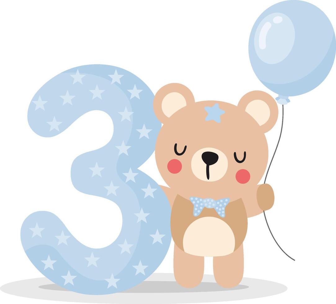 linda osito de peluche oso chico con globo a celebrar contento 3er año o 3er mes vector