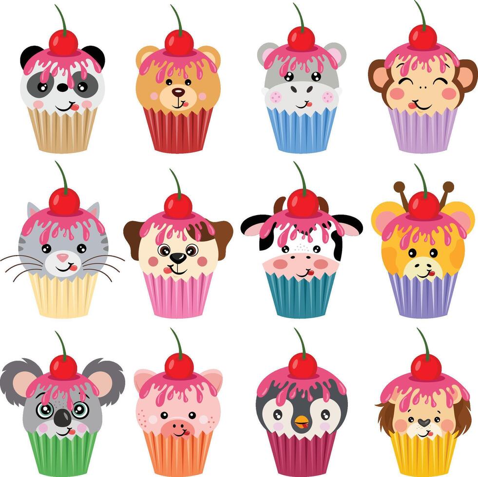 Set of animal face cupcake vector