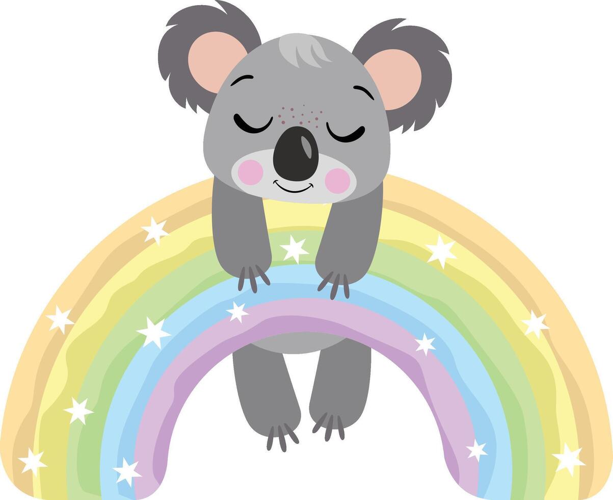 Cute koala hanging on magic rainbow vector