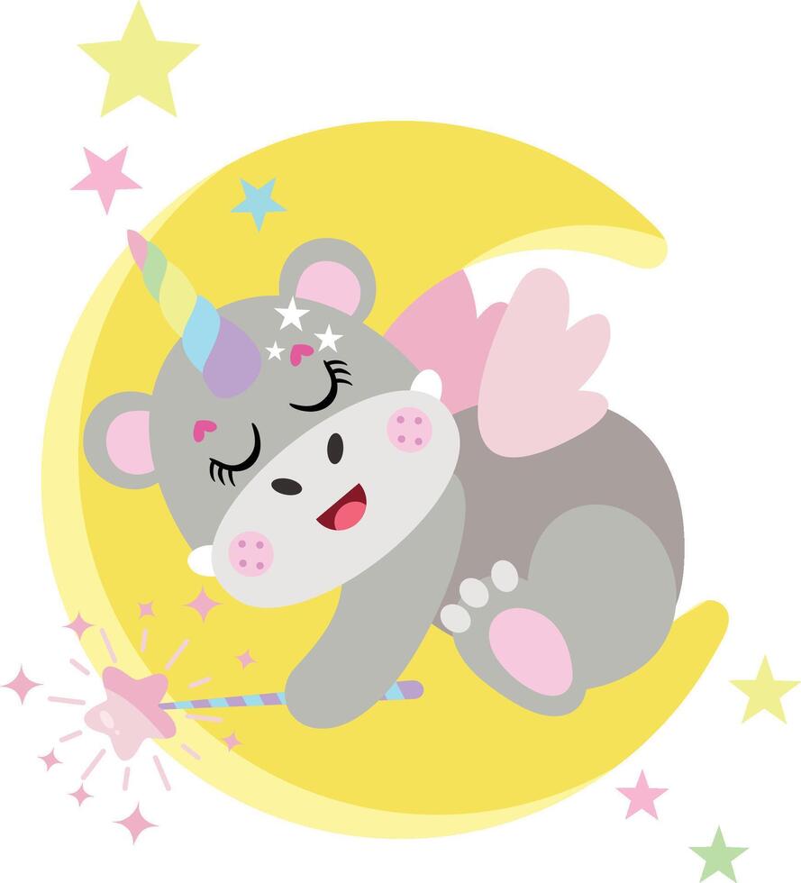 linda unicornio hipopótamo dormido en Luna vector
