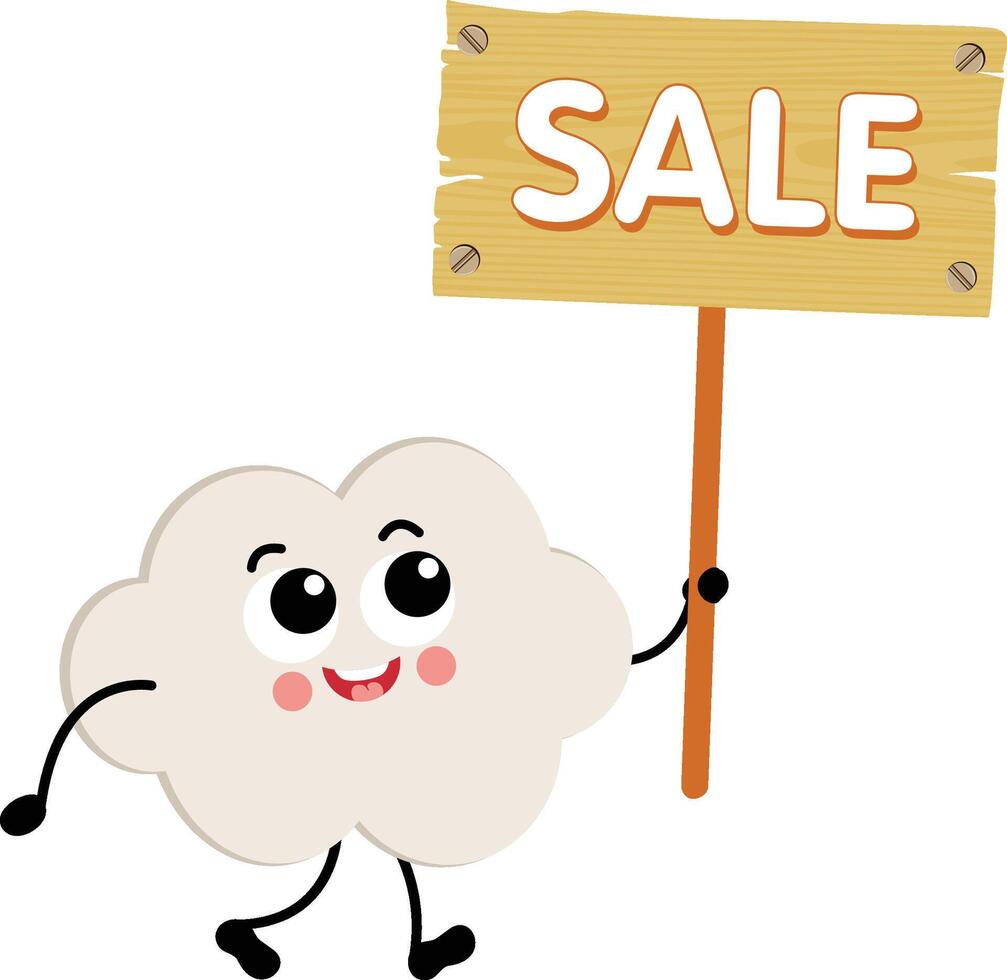 Funny cloud mascot holding a wooden sign with sale inscription vector