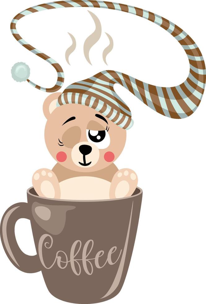 Sleepy teddy bear with sleeping hat inside cup of coffee vector