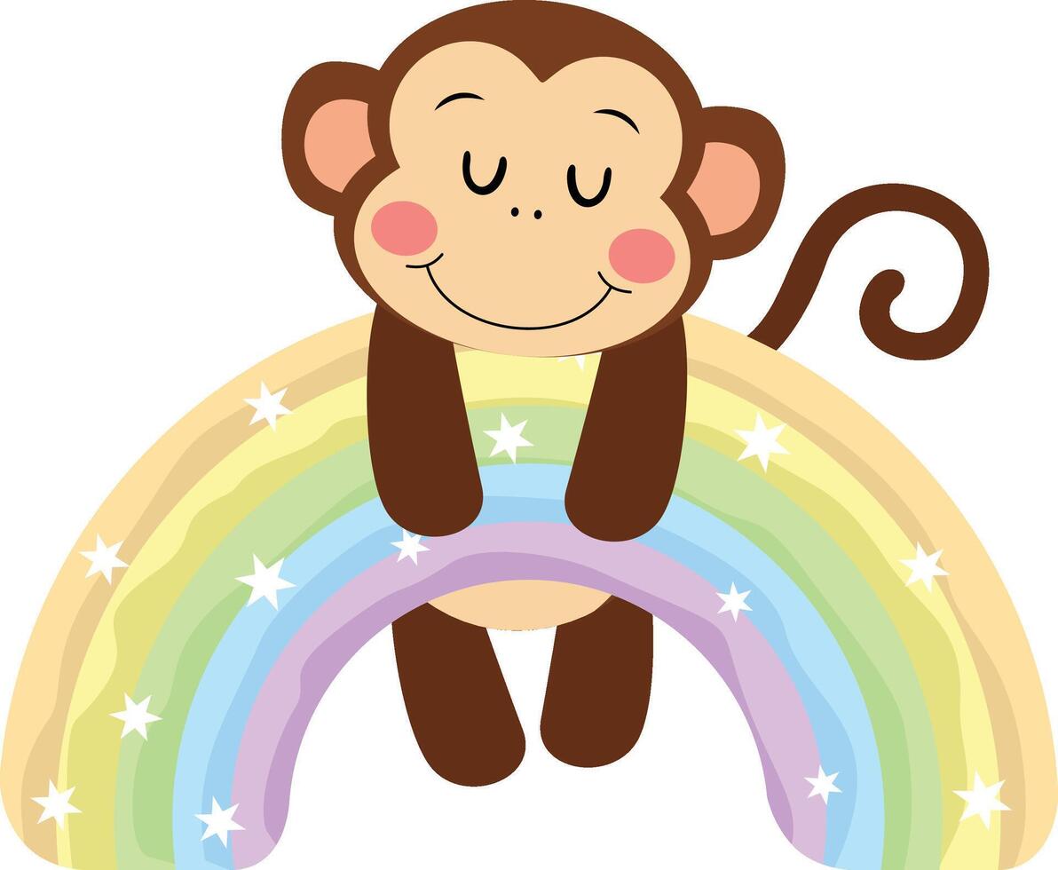 Cute monkey hanging on magic rainbow vector