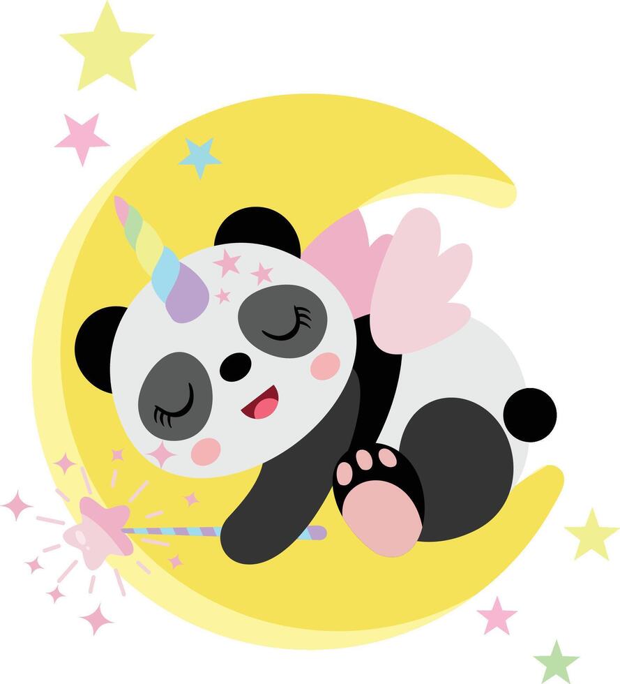 linda unicornio panda dormido en Luna vector