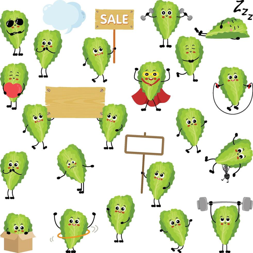 Set of digital elements with funny fresh green lettuce mascot vector