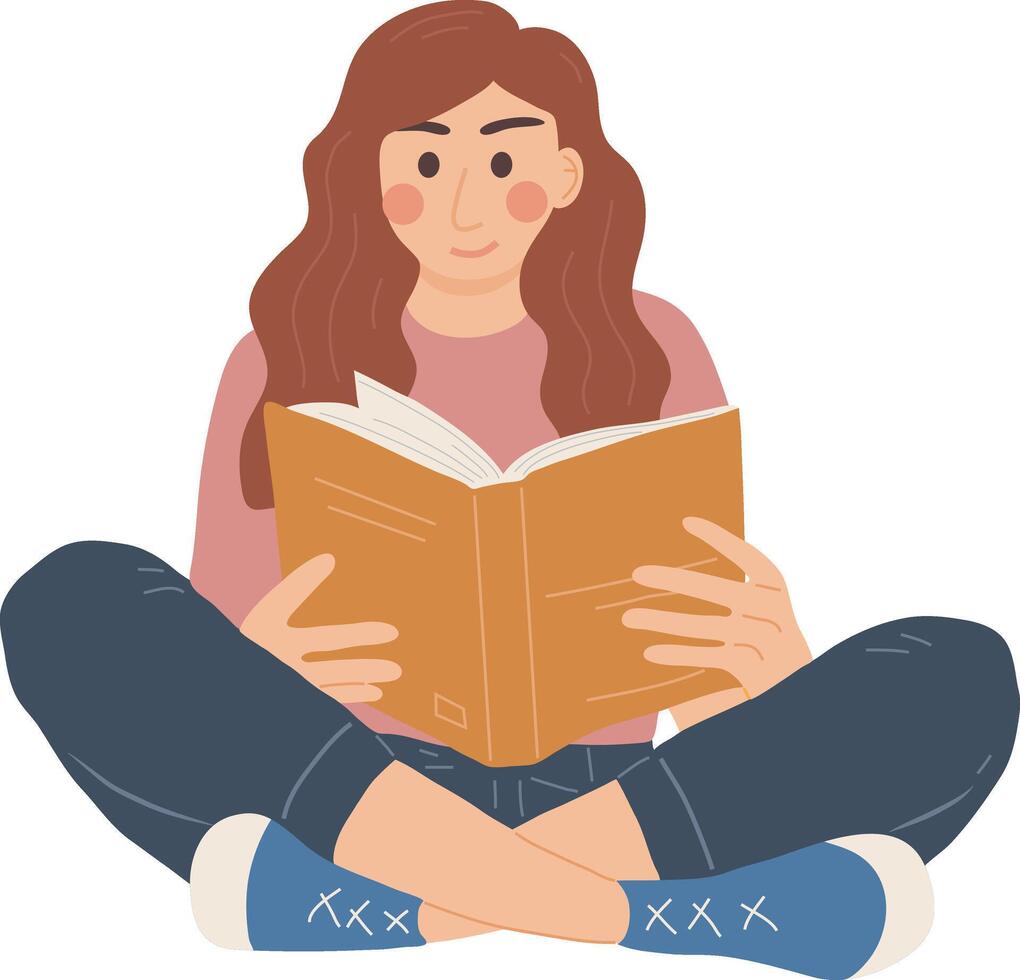 sentado mujer estudiante leyendo libro personaje ilustración gráfico dibujos animados Arte vector