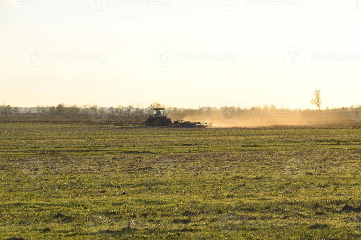 Tractor at sunset plow plow a field. Tilling the soil in the fall after harvest. The end of the season photo