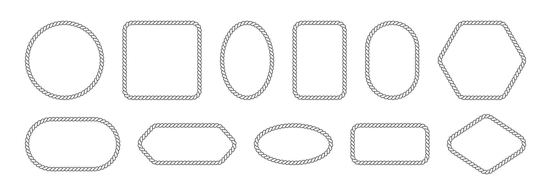 vector cuerda marcos fronteras de diferente geométrico formas son redondo, oval y cuadrado. colección de aislado elementos en un blanco antecedentes.