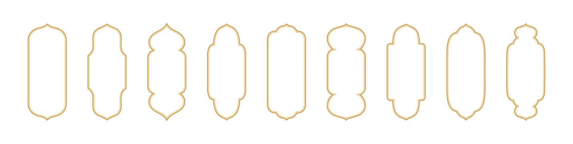 Golden Islamic frame shapes for the month of Ramadan. Borders with Arabic designs. Collection of isolated vector elements on white background.