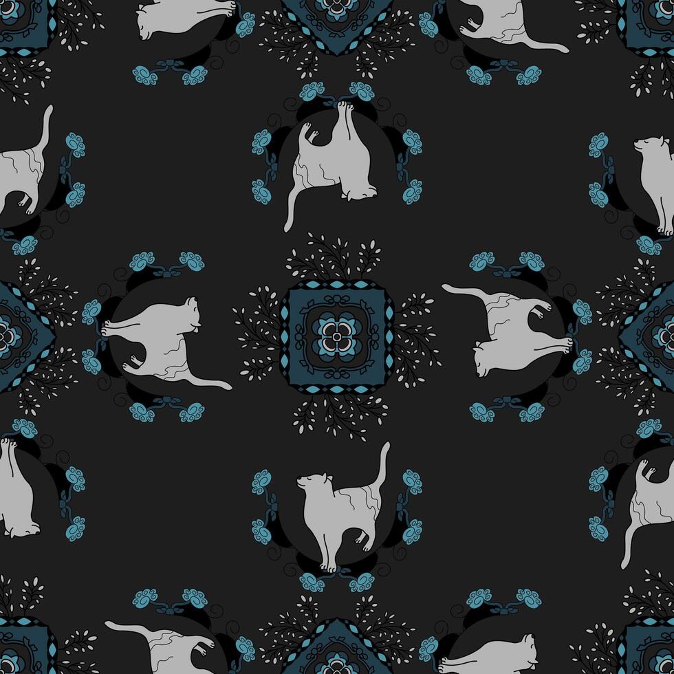 Seamless Pattern. Mandala. Cute Cat. Dark gray and Turquoise blue. vector