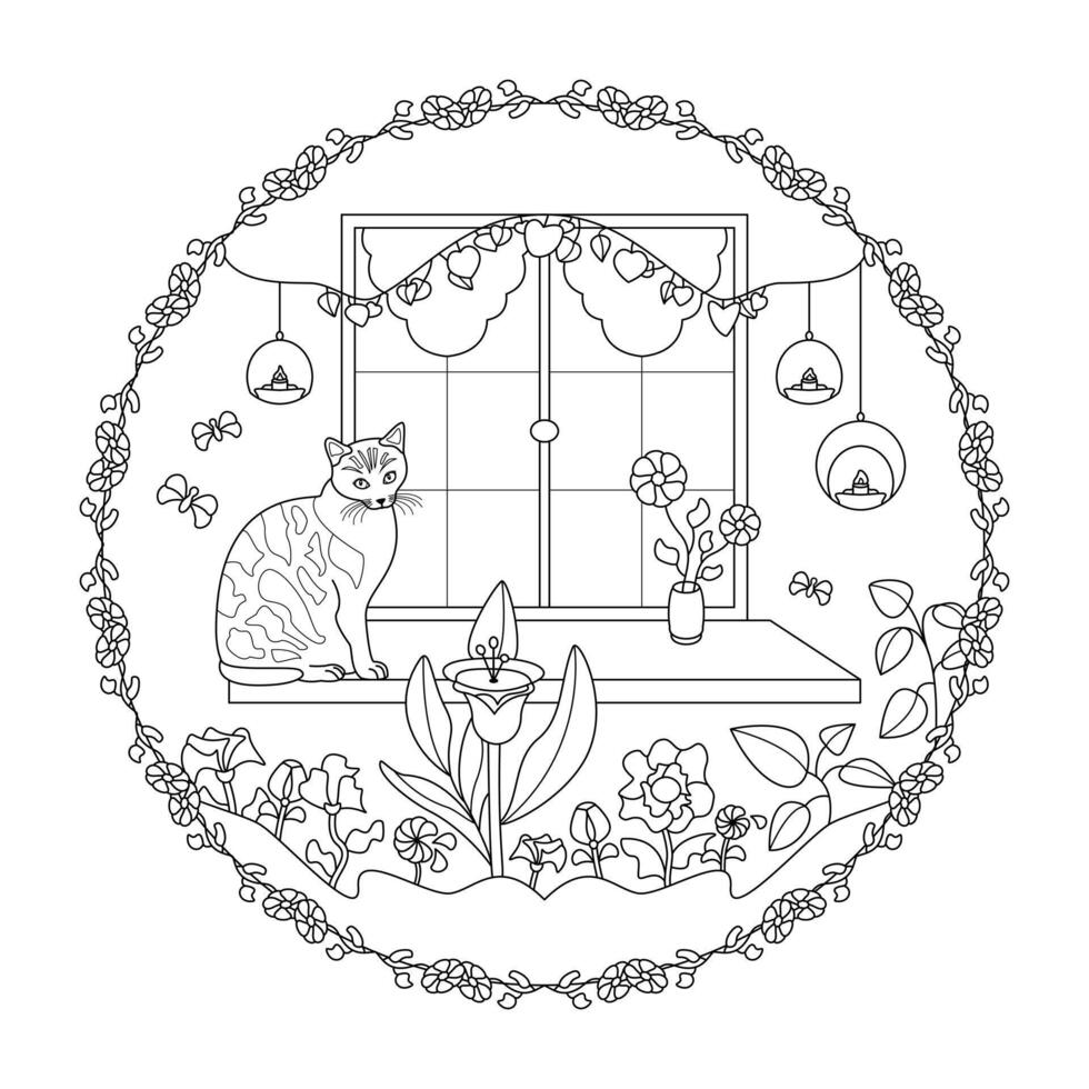 Mandala. Cute cat on a windowsill with flowers, candles and butterflies. vector