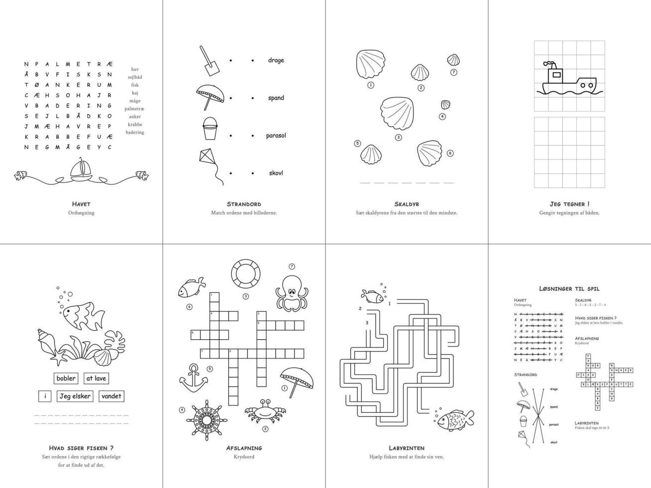 Set of seven games on the theme of the sea. Game and coloring page for kids. Danish language. Set No. 2. vector