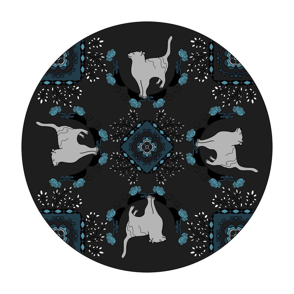 Mandala. Cute Cat. Pattern. Dark gray and Turquoise blue. vector