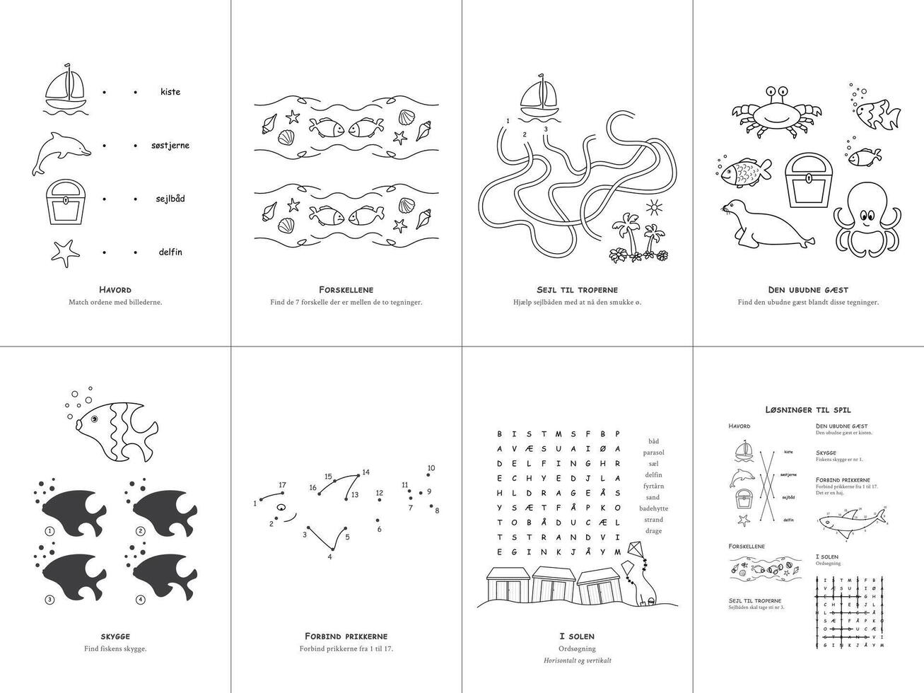 conjunto de Siete juegos en el tema de el mar. juego y colorante página para niños. danés idioma. conjunto No. 3. vector