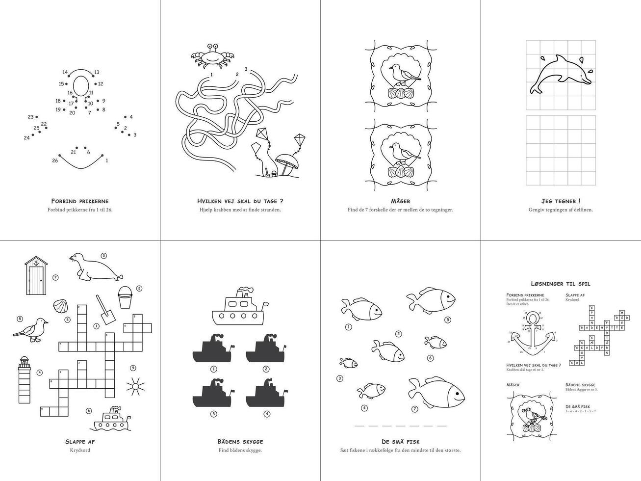 Set of seven games on the theme of the sea. Game and coloring page for kids. Danish language. Set No. 1. vector