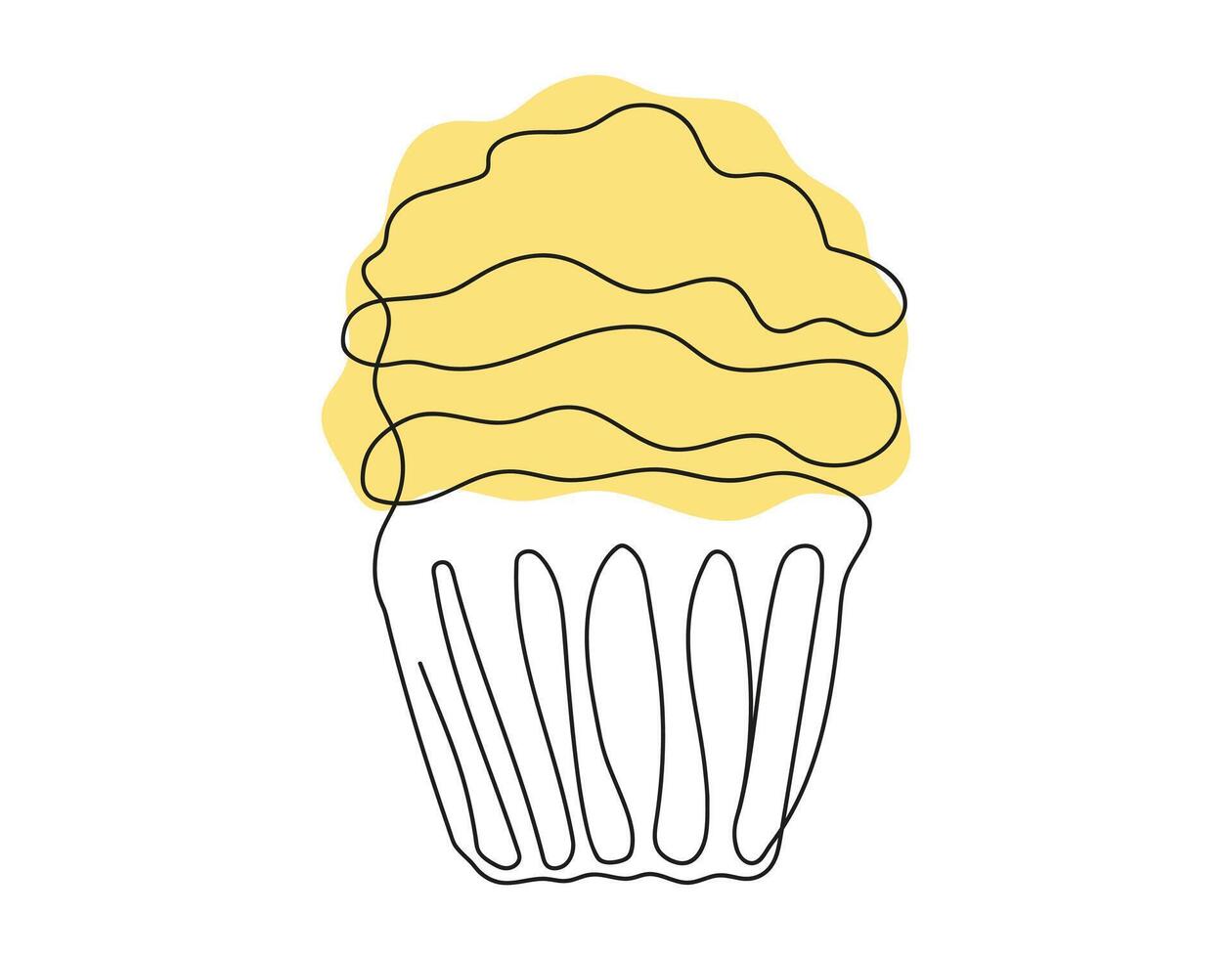 Continuous one line drawing of cupcake. Simple line art of muffin with wavy frosting. Colored vector in one line style. Design element for postcard, print, greeting, banner, scrapbooking