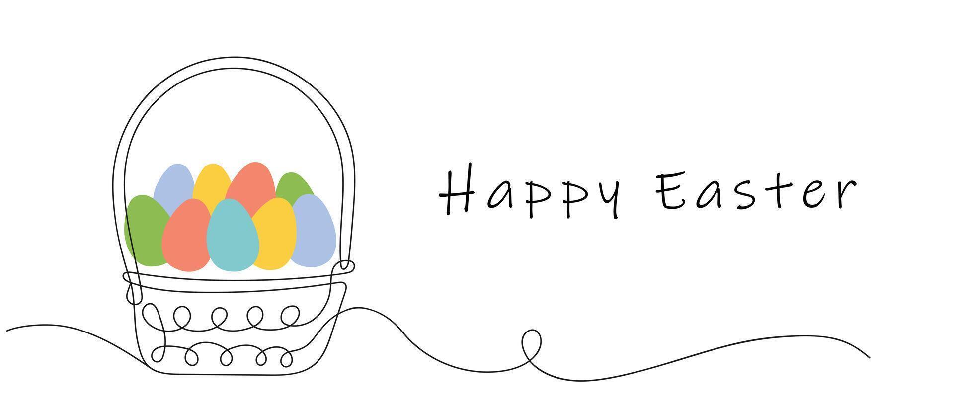Wicker basket with colorful Easter eggs and Happy Easter greeting. Continuous one line drawing. Isolated on a white background. Minimalist style. Greeting cards, holiday banner. vector