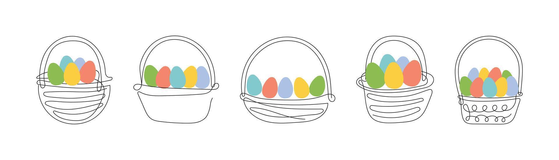 Set of wicker baskets with colorful Easter eggs. Continuous one line drawing. Vector illustration on white background. Minimalist. Design elements. Perfect for Easter promotion, greeting card