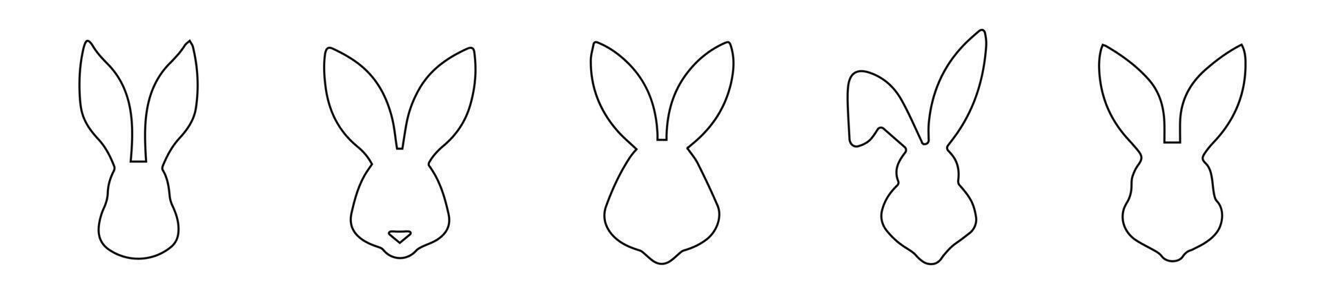 Set of rabbit heads in outline. Easter Bunnies. Isolated on white background. A simple black icons of hares. Cute animals. Ideal for logo, emblem, pictogram, print, design element for greeting card. vector
