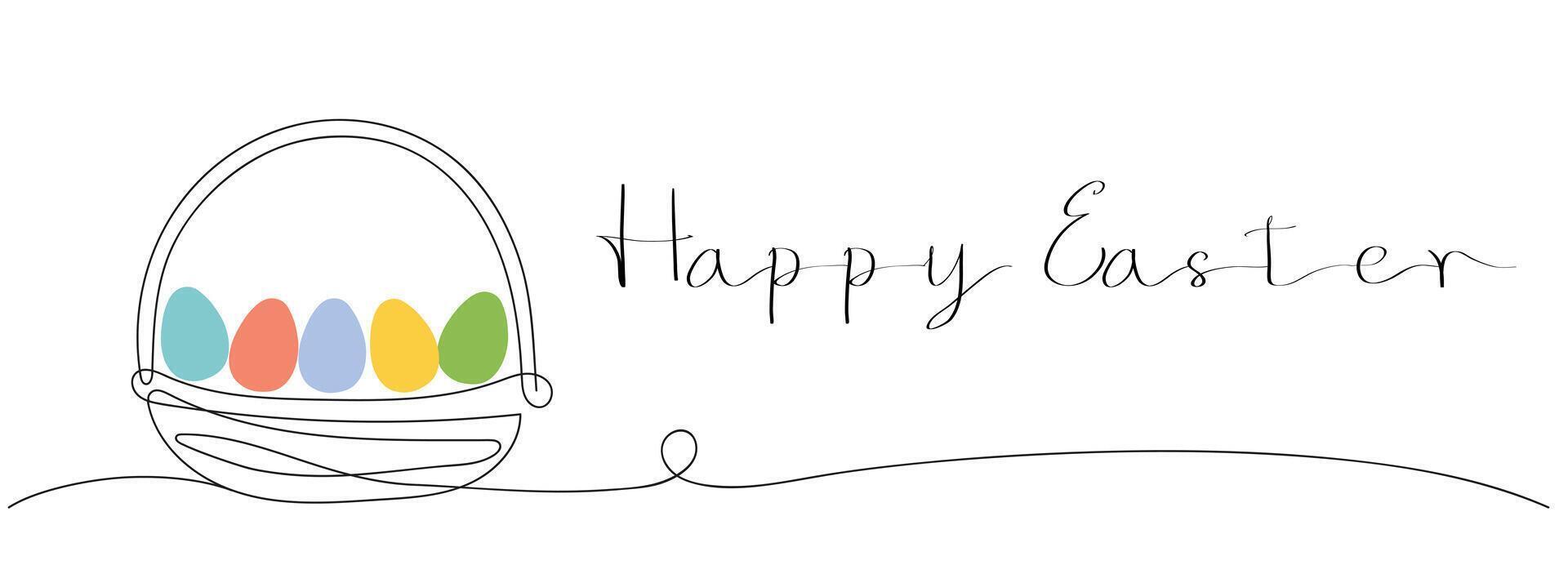 Wicker basket with colorful Easter eggs and a Happy Easter greeting. Continuous one line drawing. Isolated on white background. Minimalist style. Greeting cards, holiday banner. vector