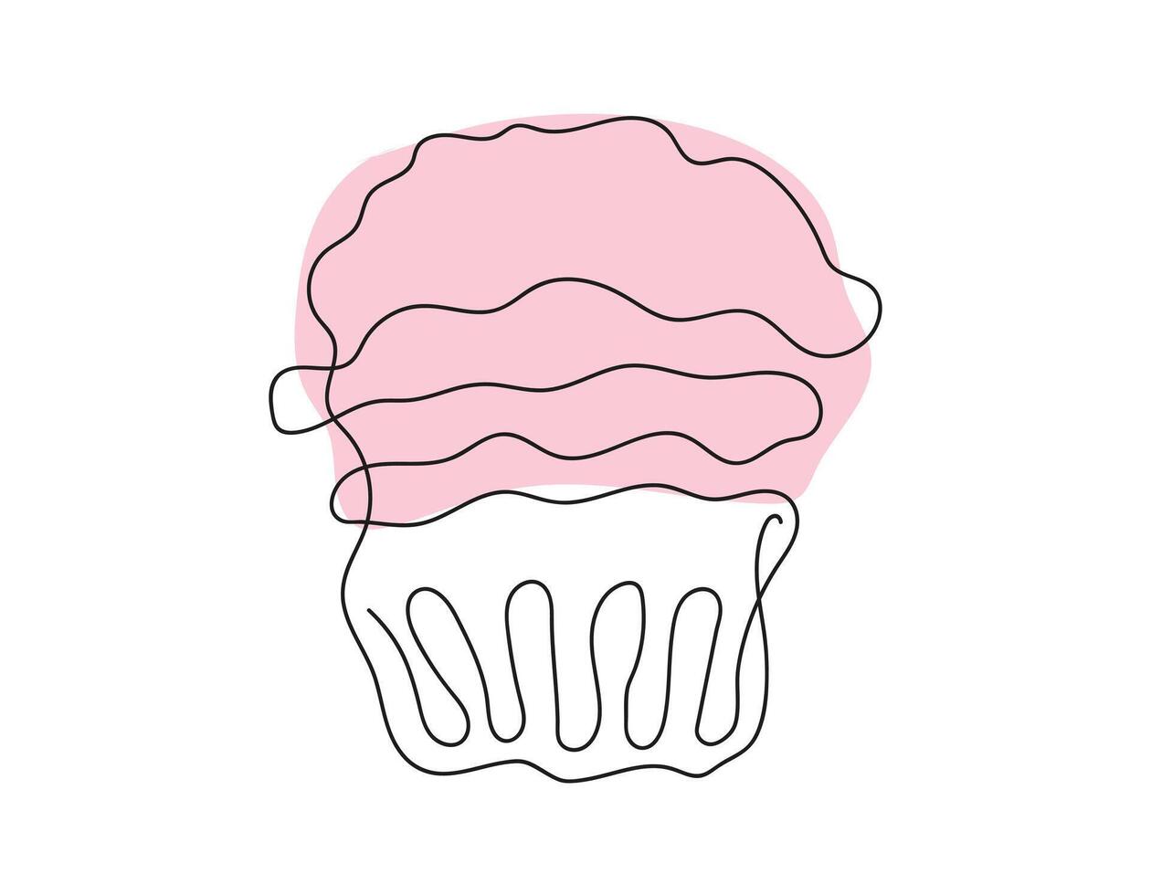Continuous one line drawing of cupcake. Simple line art of muffin with wavy frosting. Colored vector illustration in one line style. Design element for postcard, print, banner, greeting, scrapbooking.