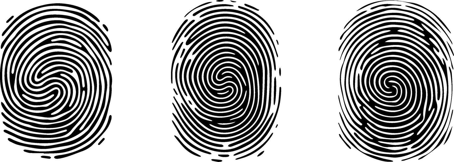 Set of Fingerprint patterns, clear lines and swirls. Human thumbprint. Icon, pictogram, logo. Black and white illustration. Vector isolated on a white background. Security concept.