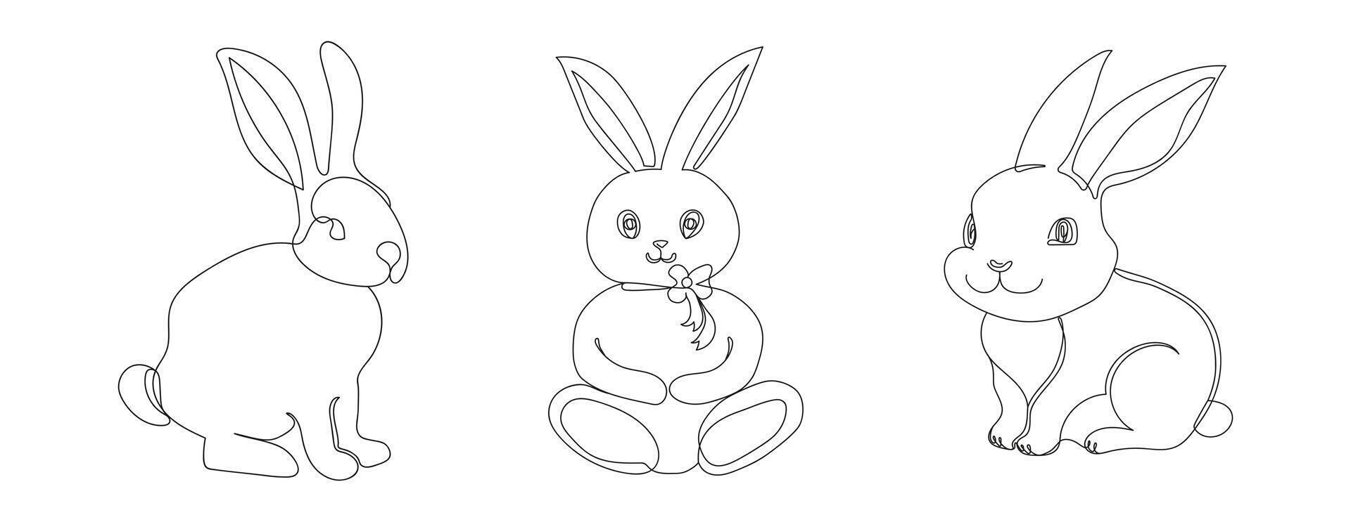 Set of Rabbits. Continuous one line drawing. Simple line art of Easter Bunnies. Isolated on white background. Minimalist style. Design element. For print, greeting, postcard, scrapbooking. vector