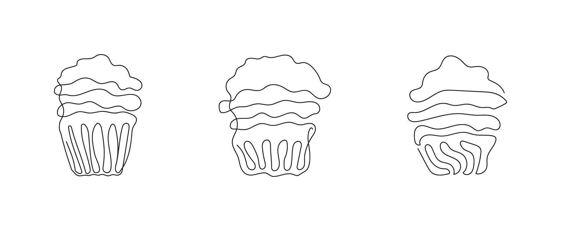 Set of cupcakes in style of continuous one line drawing. Simple line art of muffins with wavy frosting. Black and white vector. Design elements for greeting, postcard, print, scrapbooking vector