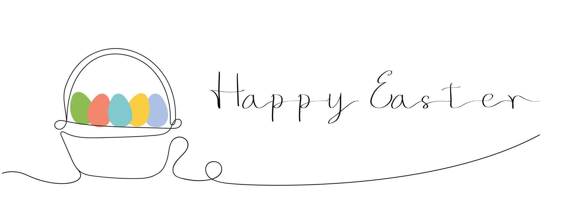 Wicker basket with colorful Easter eggs and Happy Easter greeting. Continuous one line drawing. Isolated on white background. Minimalist style. Greeting cards, holiday banner. vector