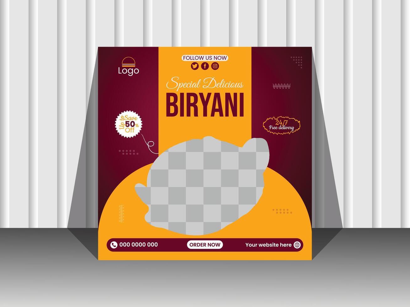 especial delicioso Biryani social medios de comunicación bandera modelo. vector