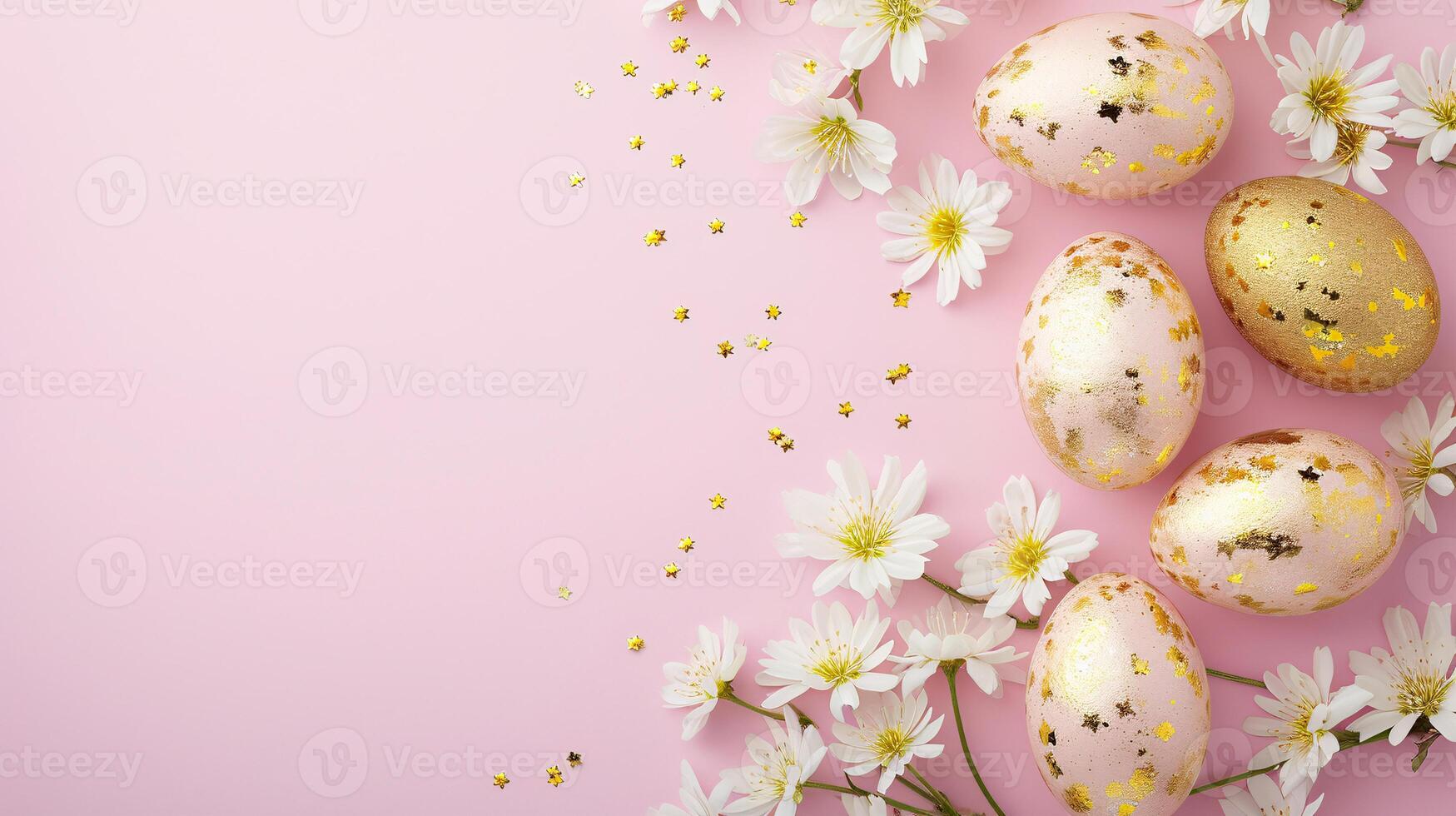 AI generated Easter golden eggs on pastel pink background. Holiday concept. Happy Easter card with copy space photo