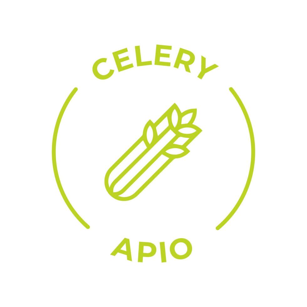 Simple Isolated Vector Logo Badge Ingredient Warning Label. Colorful Allergens icons. Food Intolerance Celery. Written in Spanish and English