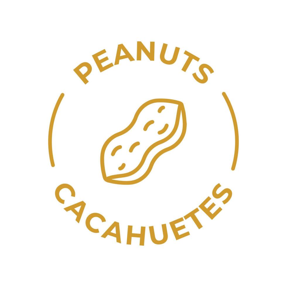 Simple Isolated Vector Logo Badge Ingredient Warning Label. Colorful Allergens icons. Food Intolerance Peanuts. Written in Spanish and English