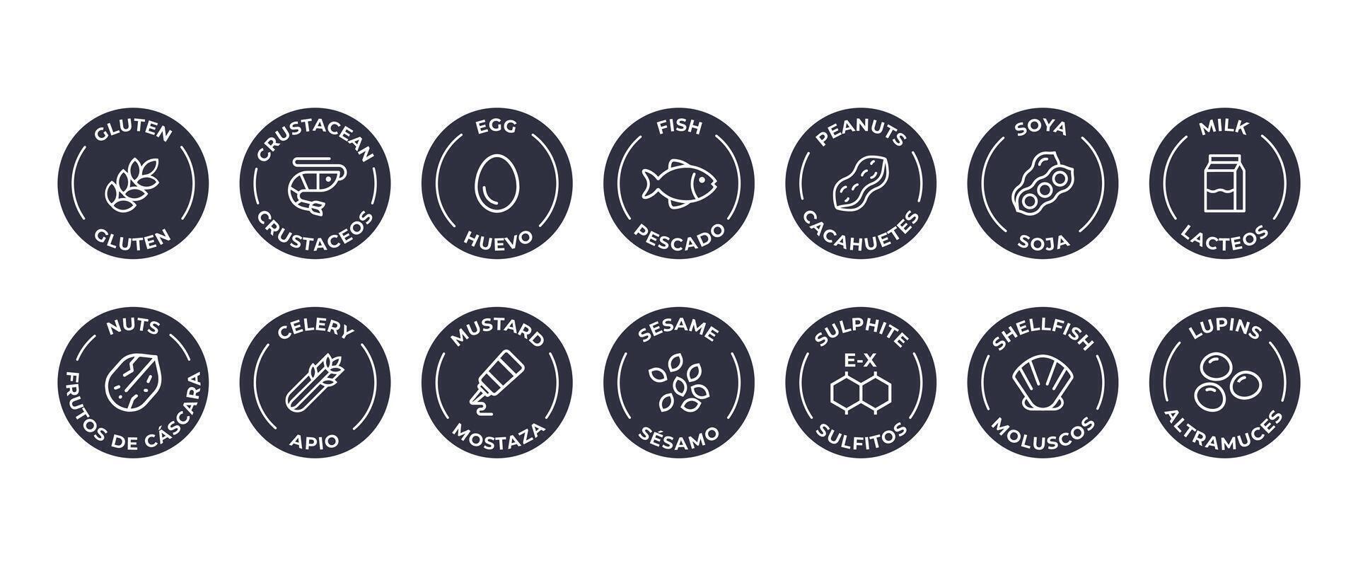 Isolated Vector Logo Set Badge Ingredient Warning Label. Allergens icons. Food Intolerance. The 14 allergens required to declare written in Spanish and English