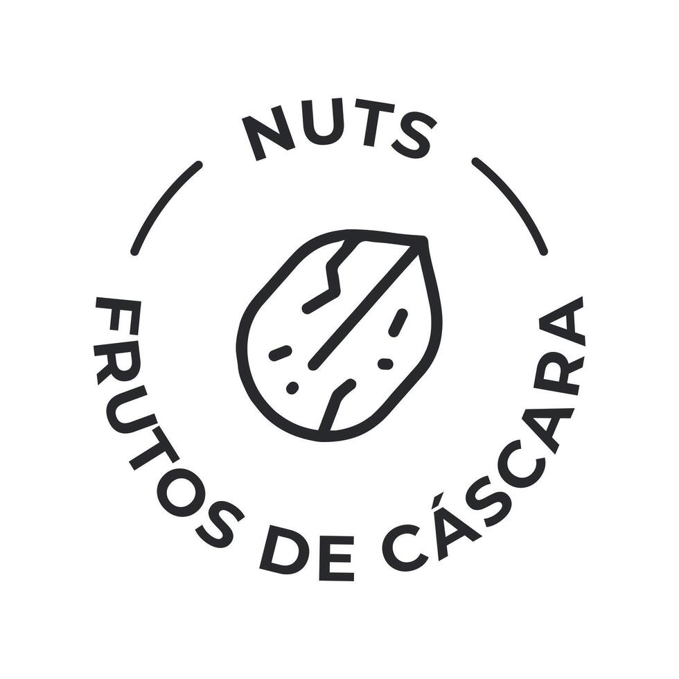 Simple. Isolated Vector Logo Badge Ingredient Warning Label. Allergens icons. Food Intolerance Nuts. Written in Spanish and English