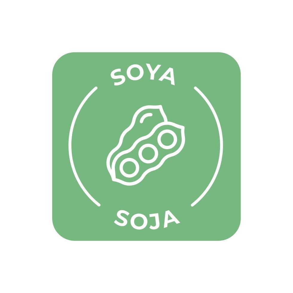 Simple Isolated Vector Logo Badge Ingredient Warning Label. Colorful Allergens icons. Food Intolerance Soya. Written in Spanish and English