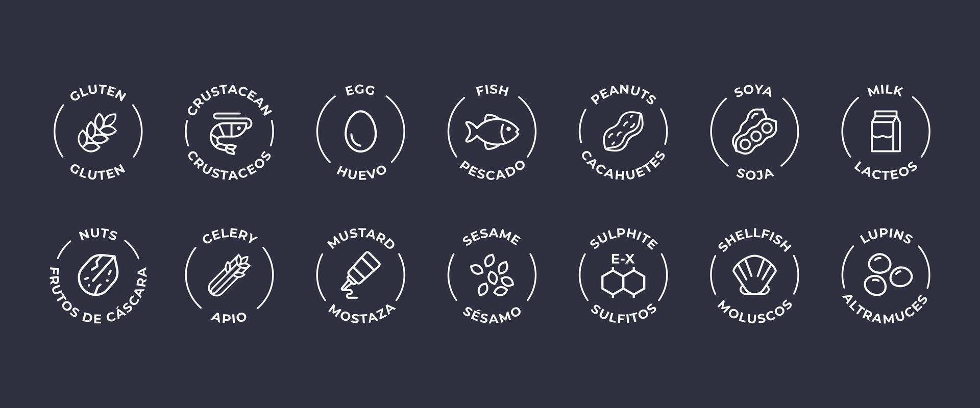 Isolated Vector Logo Set Badge Ingredient Warning Label. Allergens icons. Food Intolerance. The 14 allergens required to declare written in Spanish and English