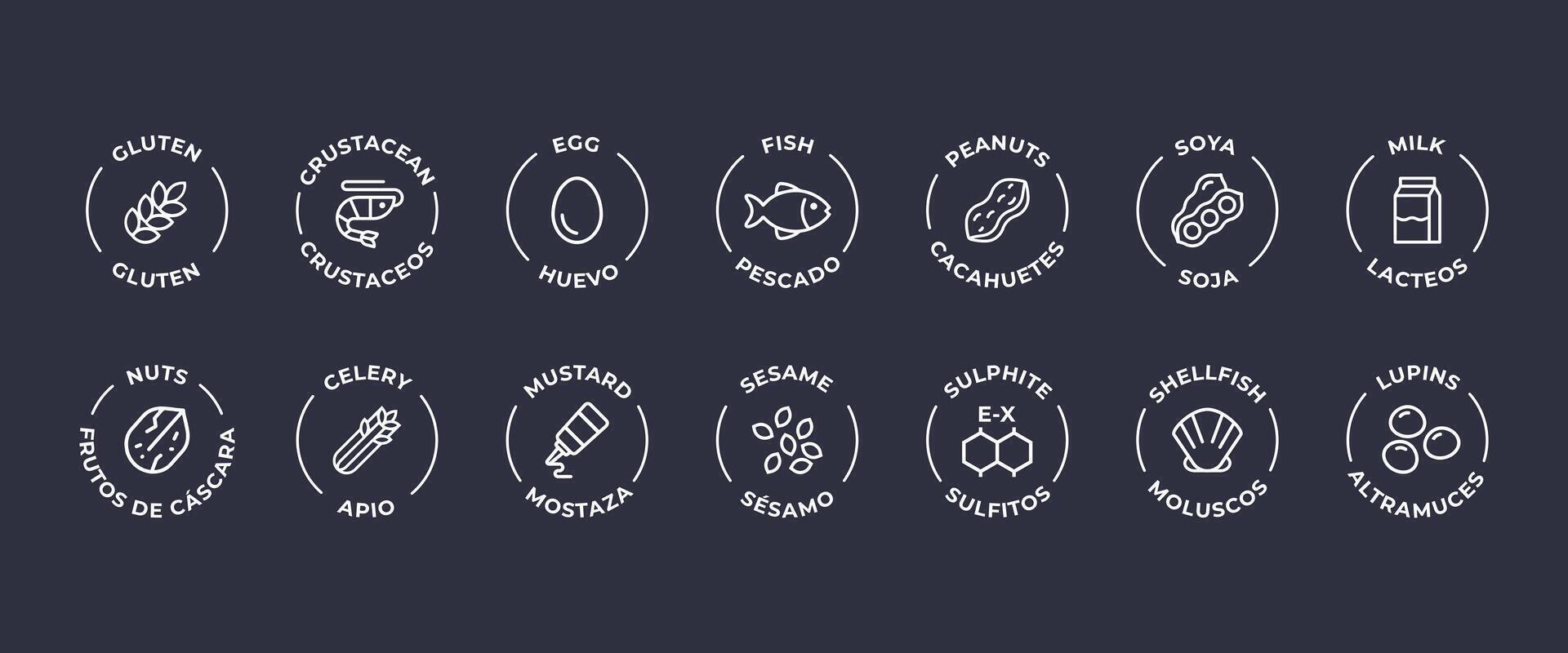 Isolated Vector Logo Set Badge Ingredient Warning Label. Allergens icons. Food Intolerance. The 14 allergens required to declare written in Spanish and English