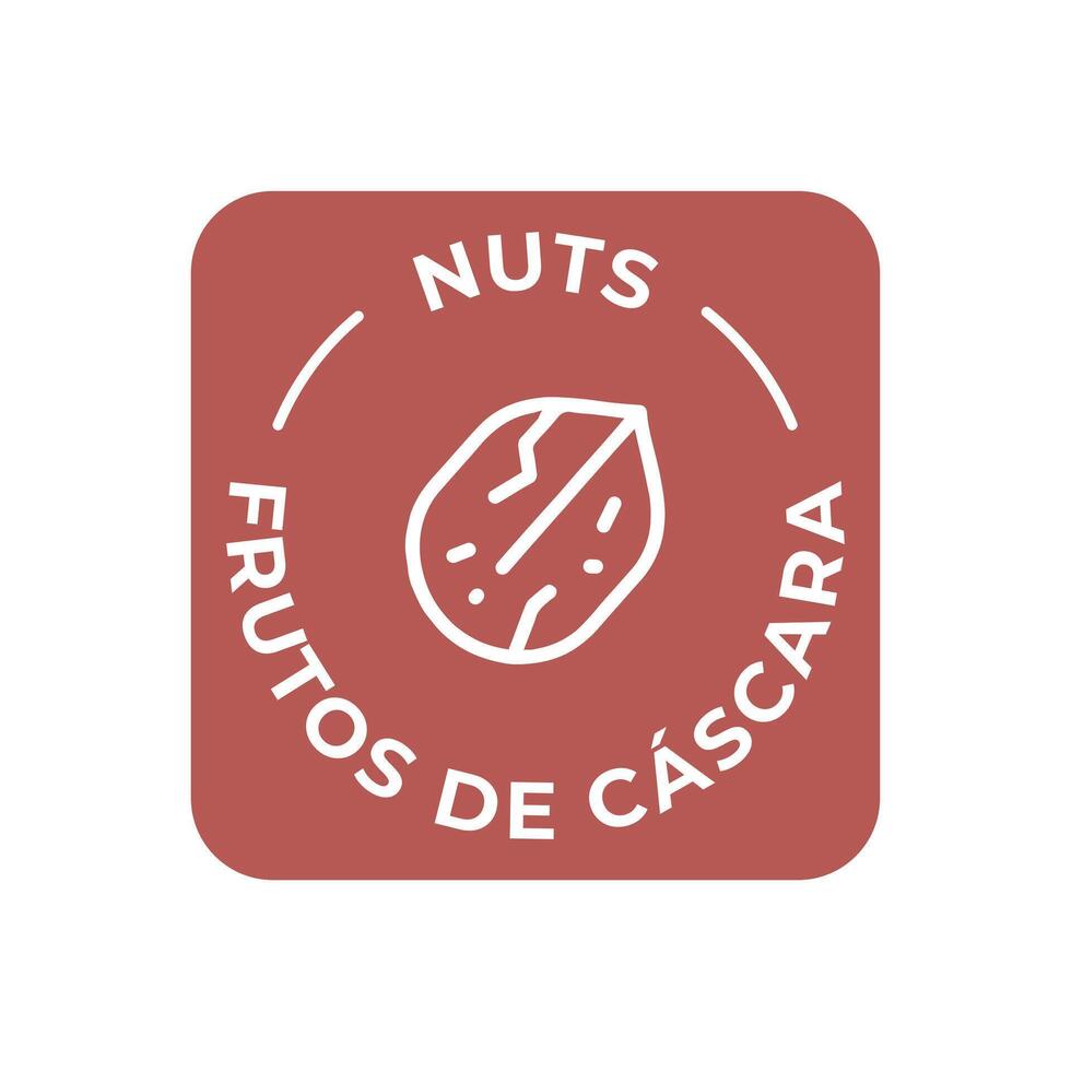 Simple. Isolated Vector Logo Badge Ingredient Warning Label. Colorful Allergens icons. Food Intolerance Nuts. Written in Spanish and English