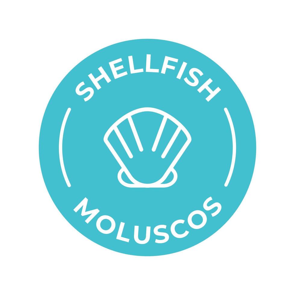 Isolated Vector Logo Badge Ingredient Warning Label. Colorful Allergens icons. Food Intolerance Shellfish. Written in Spanish and English