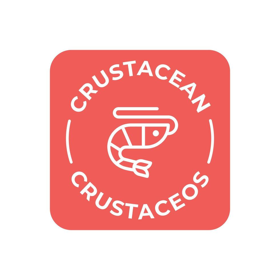 Simple Isolated Vector Logo Badge Ingredient Warning Label. Colorful Allergens icons. Food Intolerance Crustacean. Written in Spanish and English
