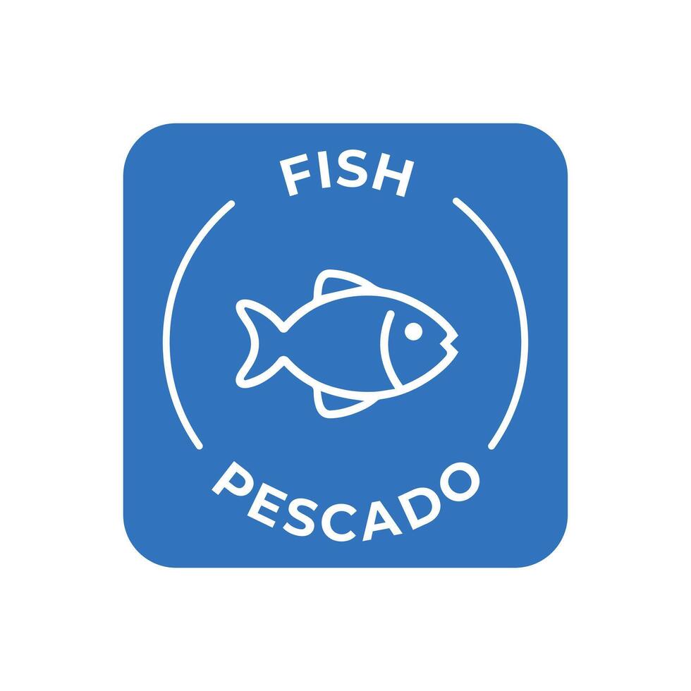 Simple Isolated Vector Logo Badge Ingredient Warning Label. Colorful Allergens icons. Food Intolerance Fish. Written in Spanish and English