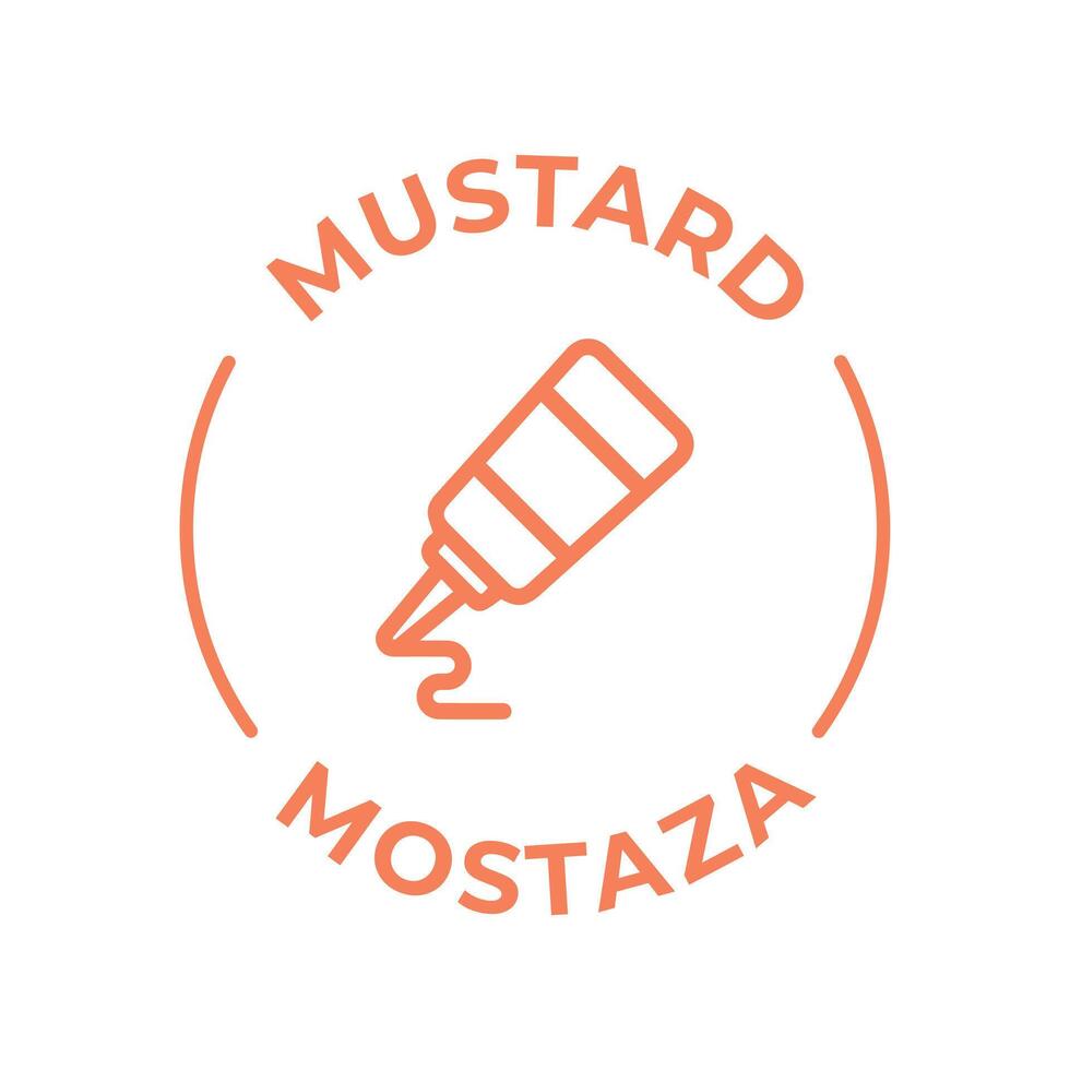 Simple Isolated Vector Logo Badge Ingredient Warning Label. Colorful Allergens icons. Food Intolerance Mustard. Written in Spanish and English