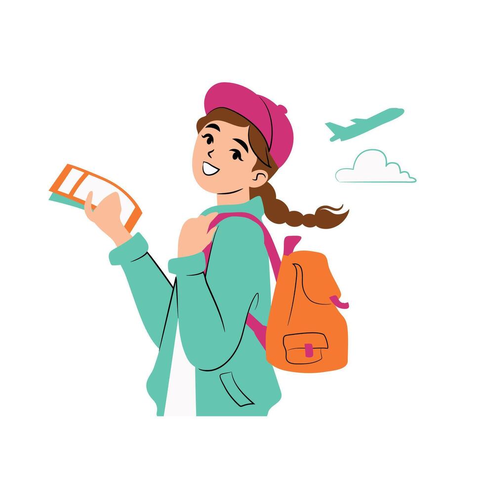 Happy girl holding travel tickets and rucksack vector
