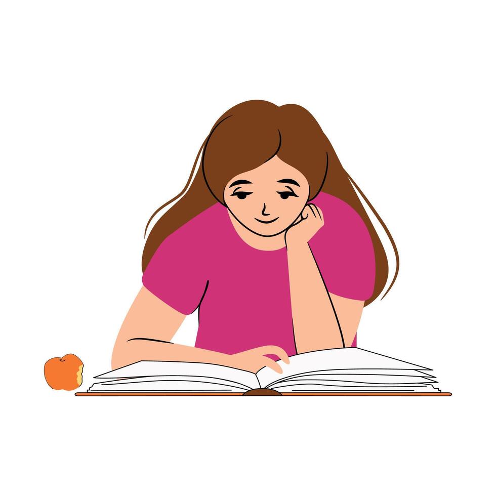 Happy introverted girl reading a big book vector