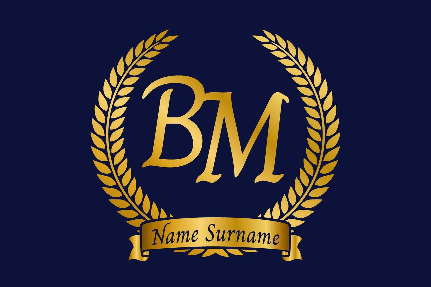 Initial letter B and M, BM monogram logo design with laurel wreath. Luxury golden calligraphy font. vector