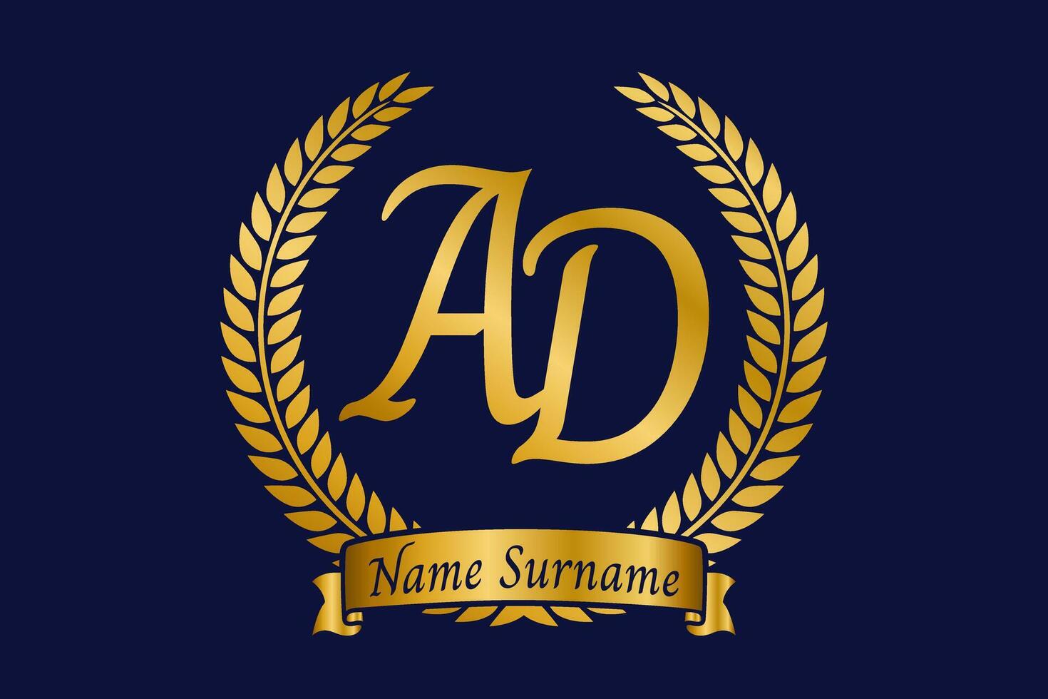 Initial letter A and D, AD monogram logo design with laurel wreath. Luxury golden calligraphy font. vector