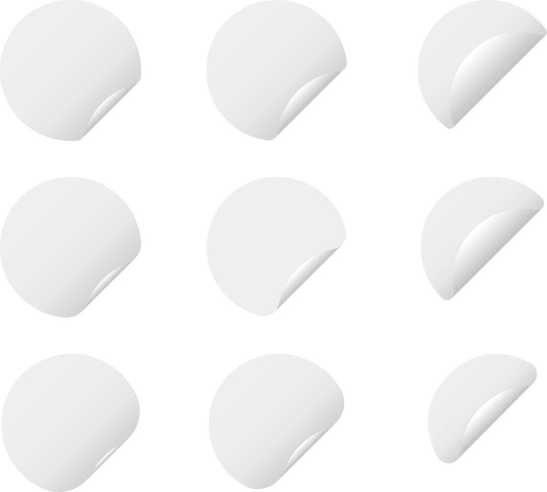 Set of round white stickers with curled corner and shadows. Vector illustration